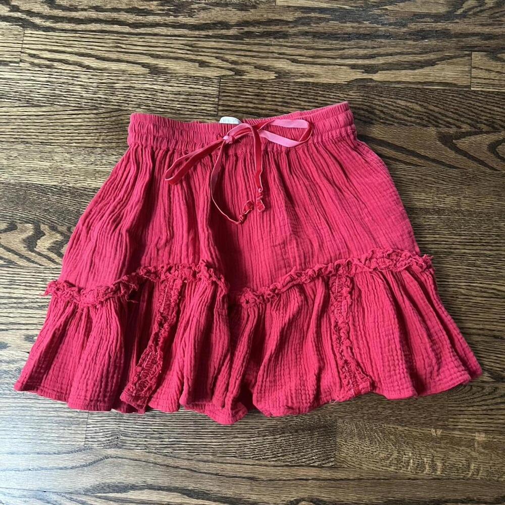 Red ruffle muslin cotton tied Free People Olivaceous mini skirt velvet details